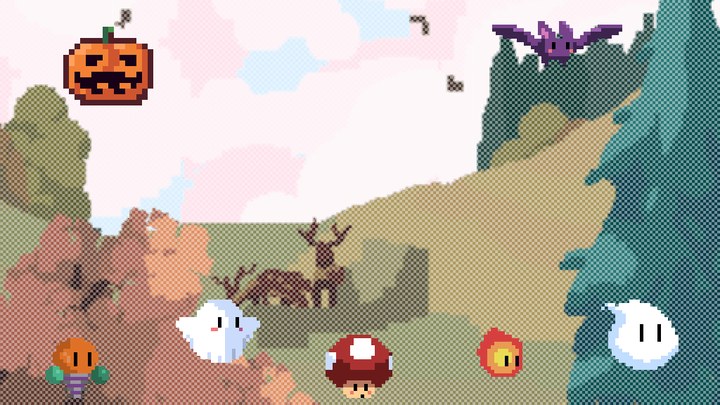 Halloween characters walking through an autumn forest
